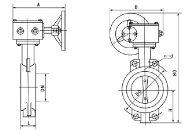 D371J蝸輪對夾襯膠蝶閥外形結構圖 D371J蝸輪對夾襯膠蝶閥(圖1)